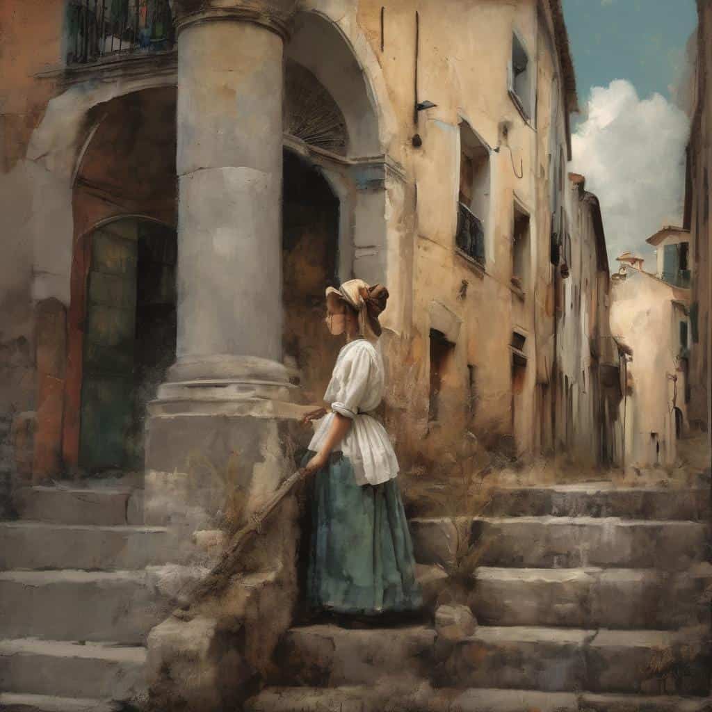 Ανθρώπινη μορφή γυναίκας σε παλιά πόλη, τέχνη και πολιτική έκφραση, ιστορικό σκηνικό, ζωγραφική.