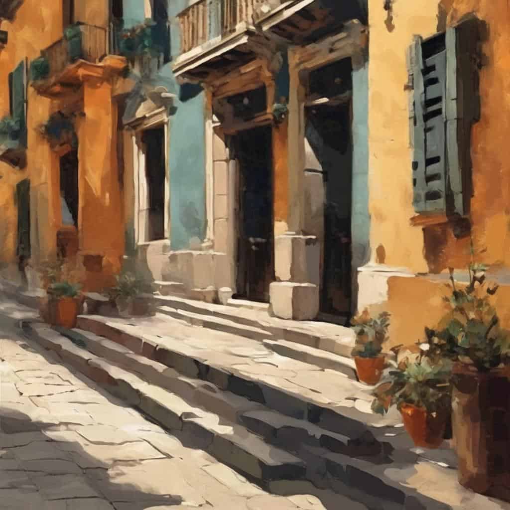 Παλιό κτίριο και καφετέρια, τέχνη και πολιτική έκφραση σε αρχαία ελληνική γειτονιά.