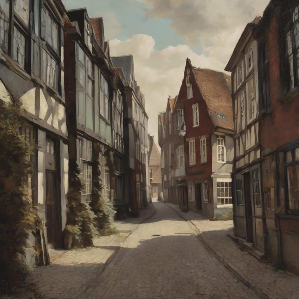 Παλιά ευρωπαϊκή οδό με ιστορικά κτίρια και πολιτική έκφραση, τέχνη στην αρχιτεκτονική και πολεοδομία.