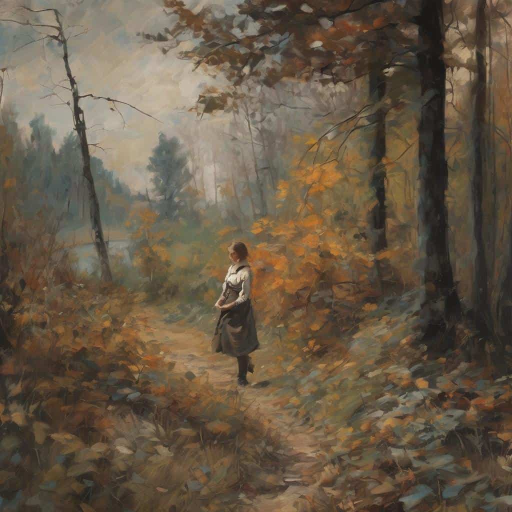 Μοντέρνα τέχνη και πολιτική έκφραση σε αριστούργημα ζωγραφικής με φθινοπωρινό τοπίο και γυναικεία παρουσία.